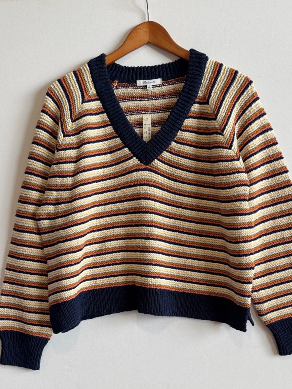 Madewell Striped V-Neck Cropped Sweater in Navy, Cream, Rust